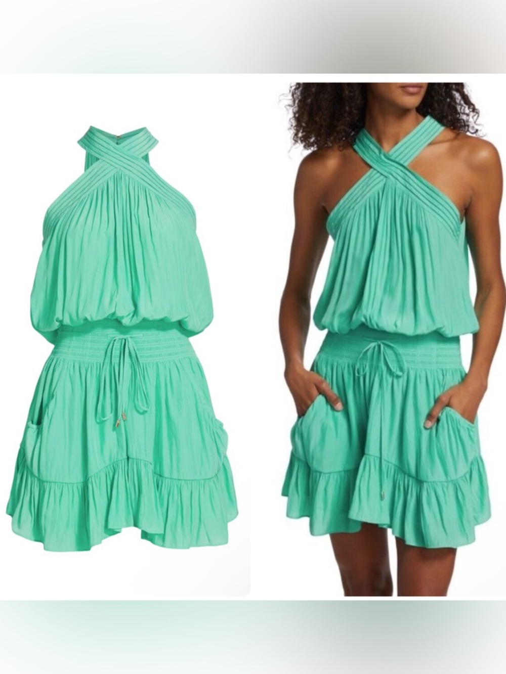 Ramy Brook Ziggy Malachite Mint Halter Tie Waist Pockets Mini Dress NWT $395